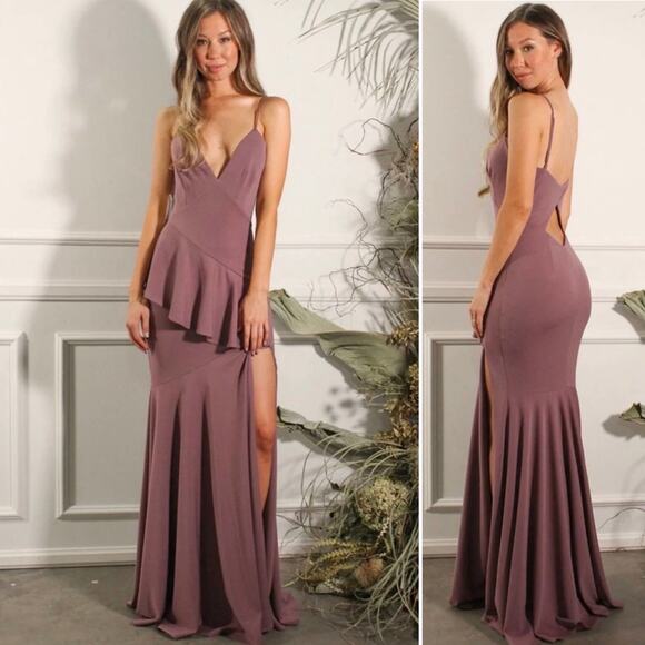 Katie May Plunging Neck Ruffled Arriba Gown Maxi Dress Formal Mauve Dusk S NWT - Picture 1 of 13